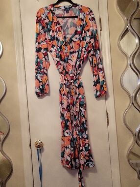 Liz & Me Long Sleeve Floral Wrap Dress in Teal, Coral & White